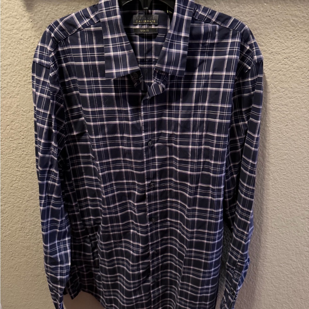 Calibrate Trim Fit Shirt Mens Medium Navy Plaid Stretch Button Down 96% Cotton